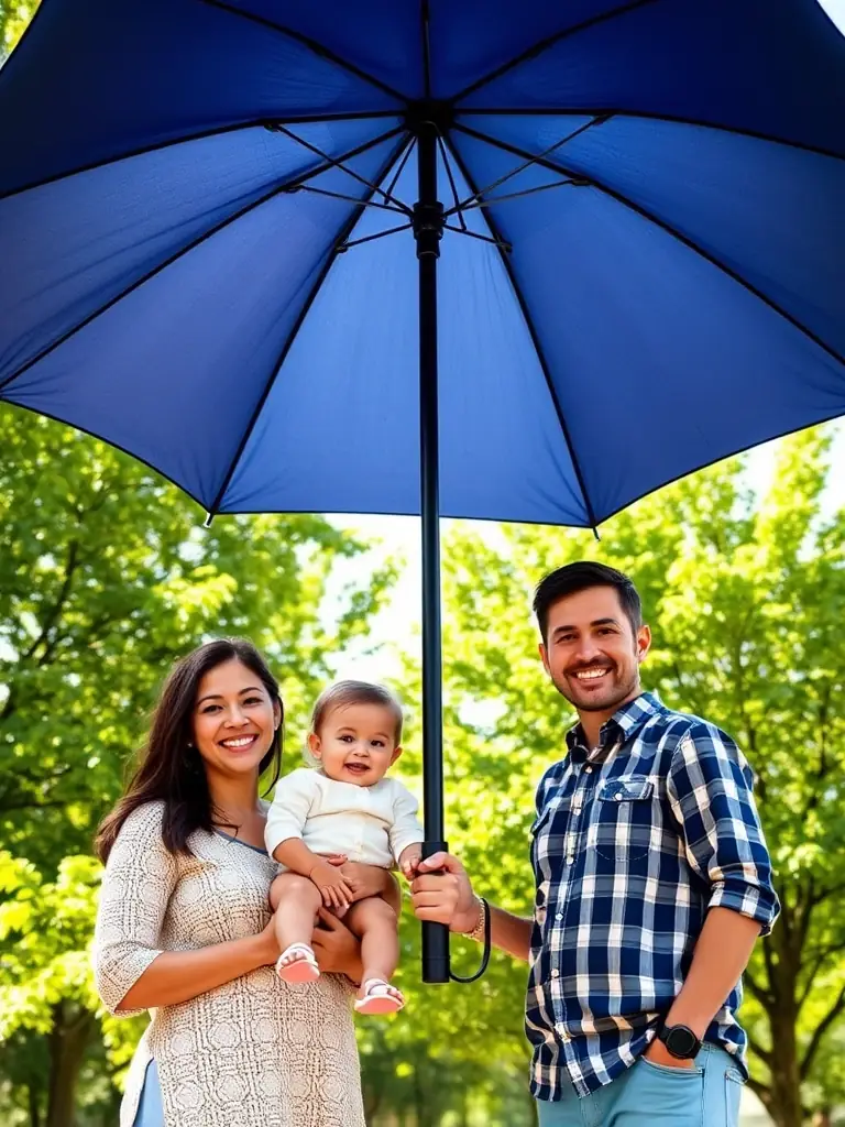 A family sheltered under a large umbrella, representing comprehensive insurance coverage and protection from unforeseen risks.