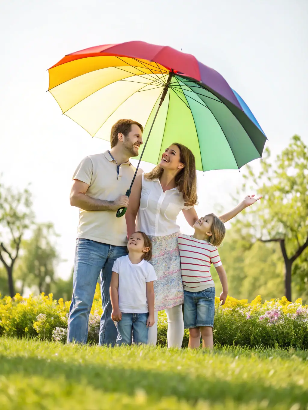 A family standing confidently under an umbrella, representing the protection offered by comprehensive insurance planning.